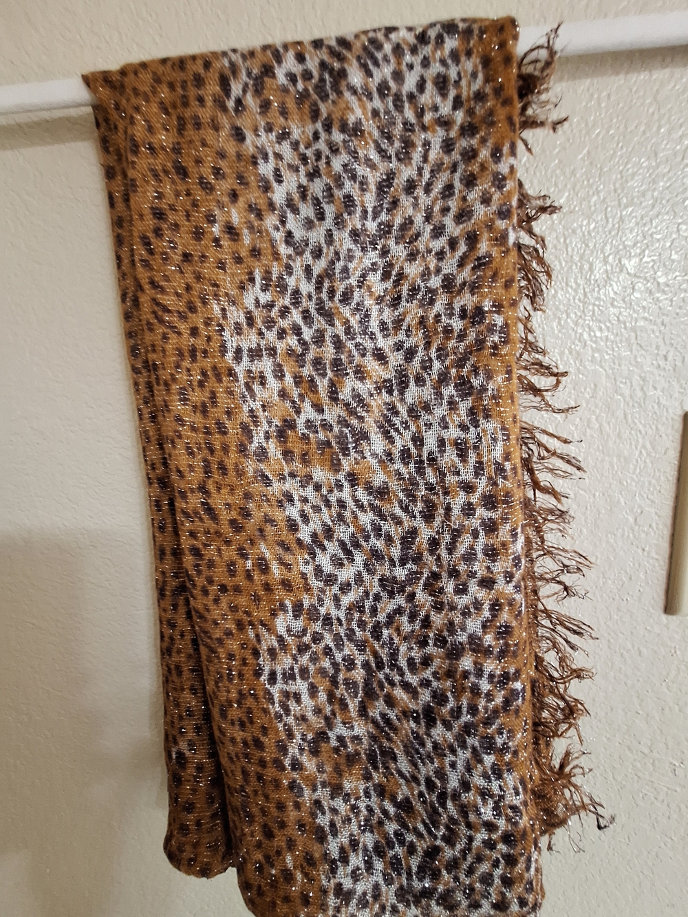 Leopard Print Fringe Scarf - Metallic Thread Brown
